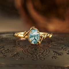 Oval Moss Agate Natural Inspired Leaf Engagement Ring aurumluminos custom rings handmade gold jewelry