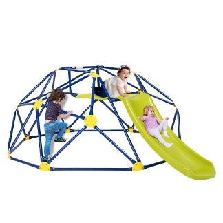 Three kids playing on an 8 ft climbing dome with a slide.