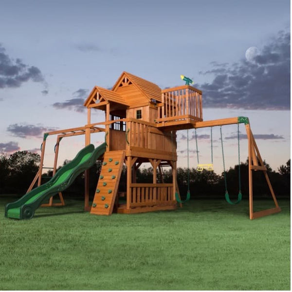 A wooden Backyard Discovery Swing Set with multiple features.