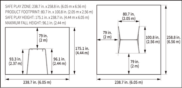 Diagrams depicting the swing set space requirements for gobaplay.