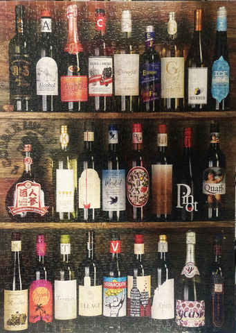 wine bottles on three shelves as a puzzle