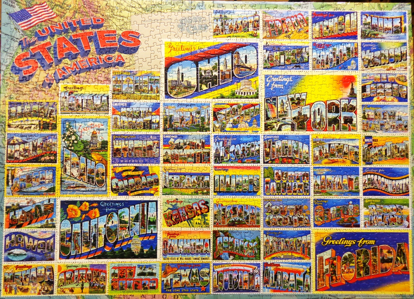 Puzzle completed with postcards of all the US states.