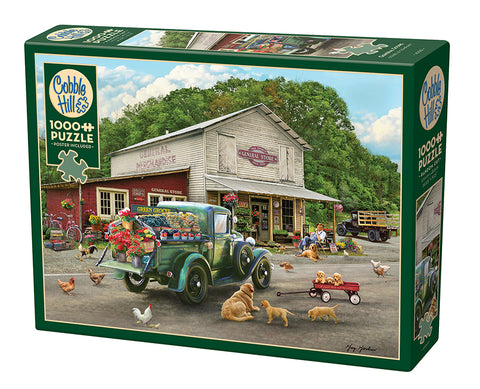 Package of a Cobble Hill 1000 pc puzzle with vintage truck in front of a General Store
