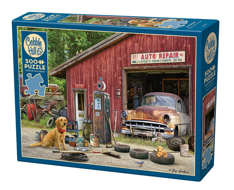 Cobble Hill puzzle box of Auto Repair with garage and dogs
