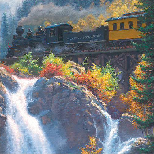 Durango train passing by waterfall