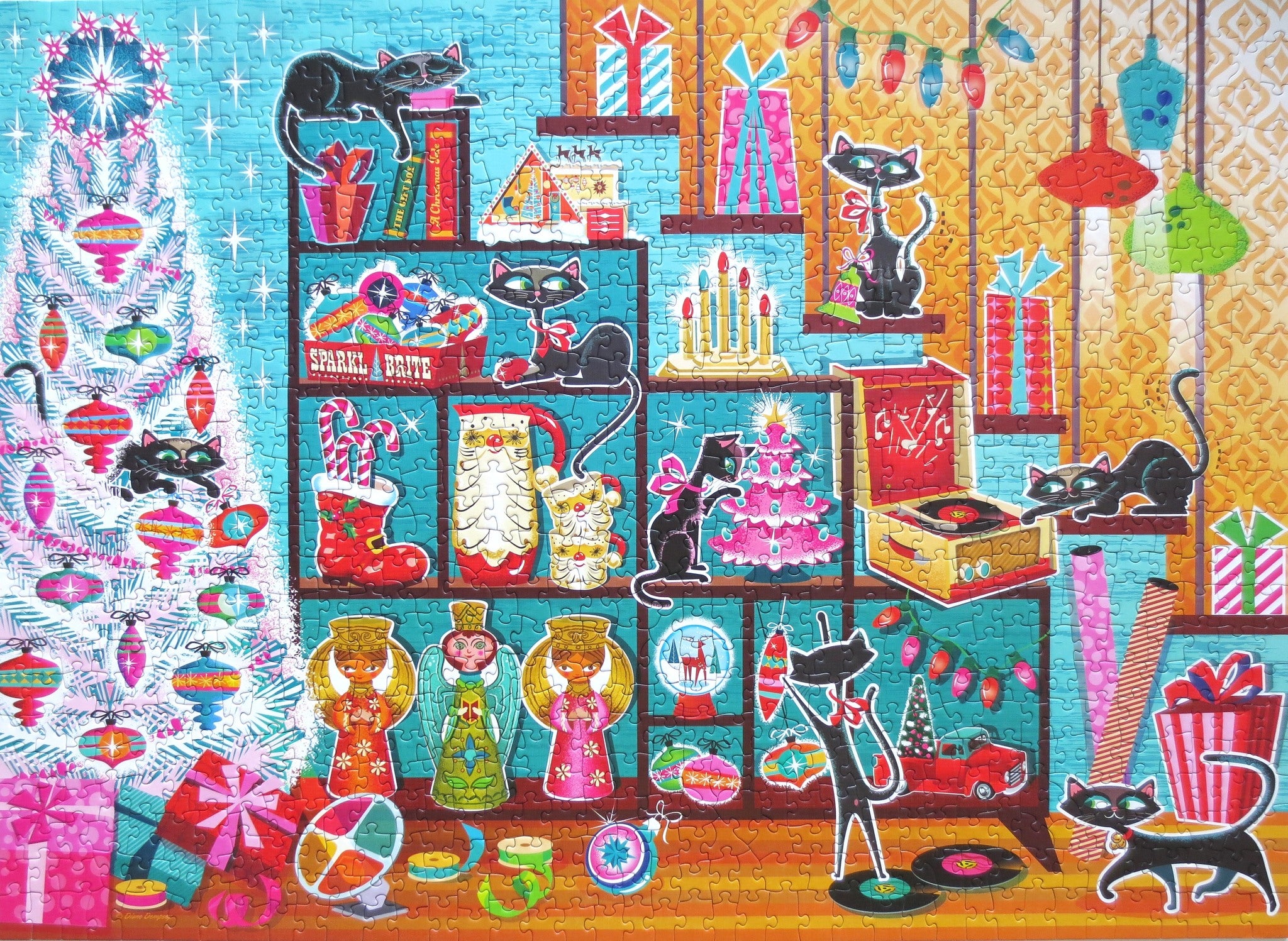 Christmas Cats puzzle with tree, ornaments, black cats and midmod century look