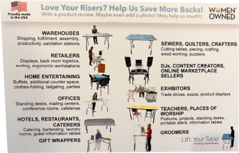 Postcard with industries that could benefit from Lift Your Table risers
