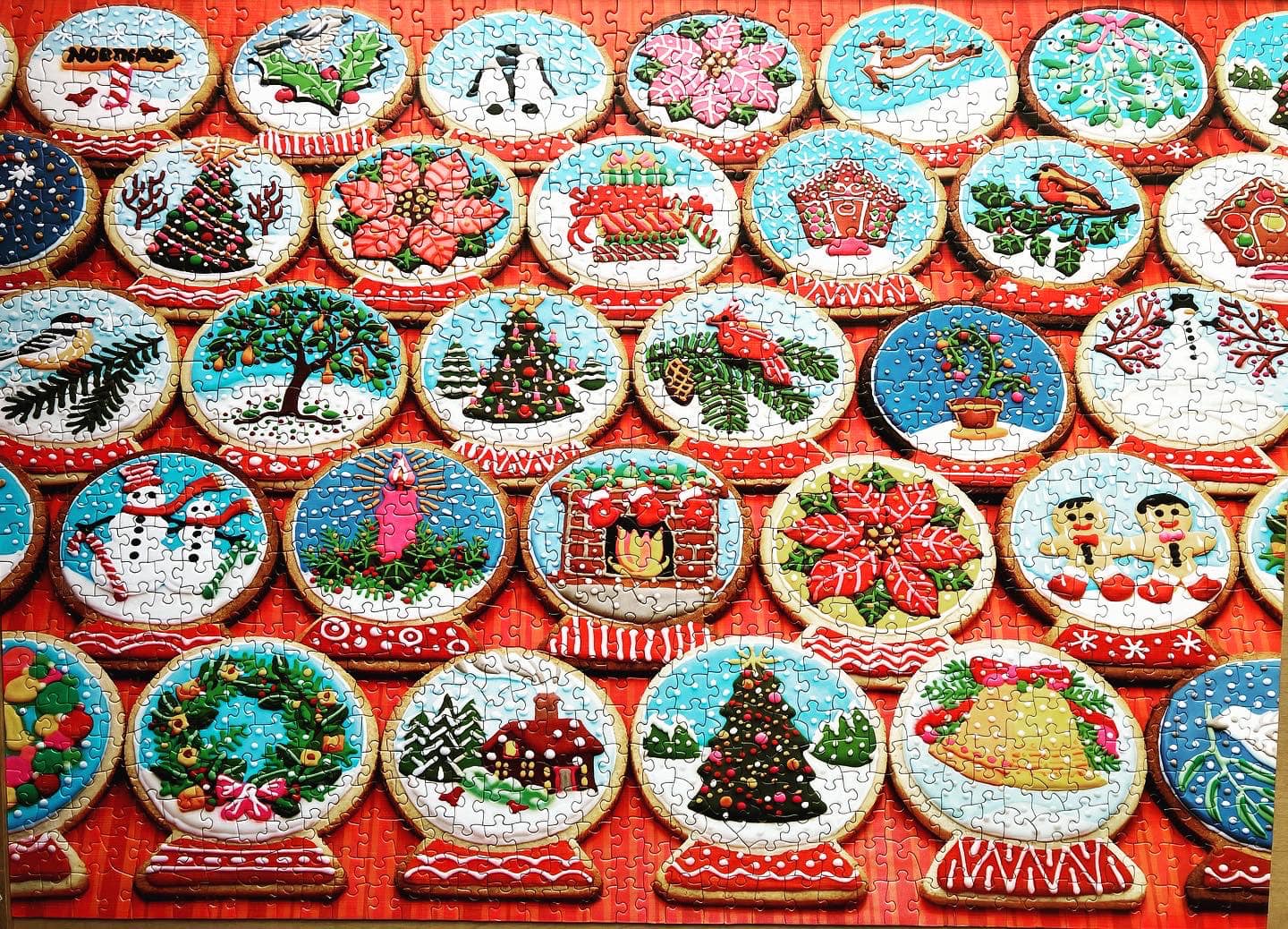 Snow Globe Cookies puzzle with tree, wreath and Christmas decorations