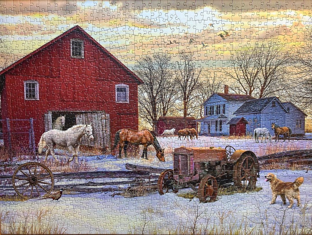 Winter on the Farm jigsaw puzzle assembled with red barn, snow, horses