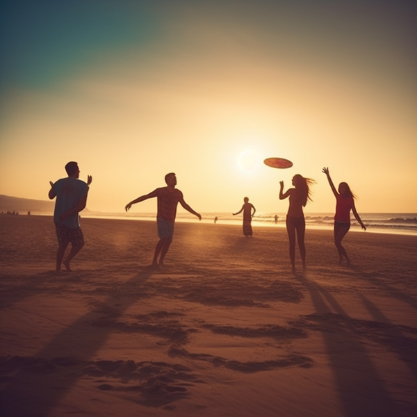 Summer Fun with friends at the beach playing frisbee