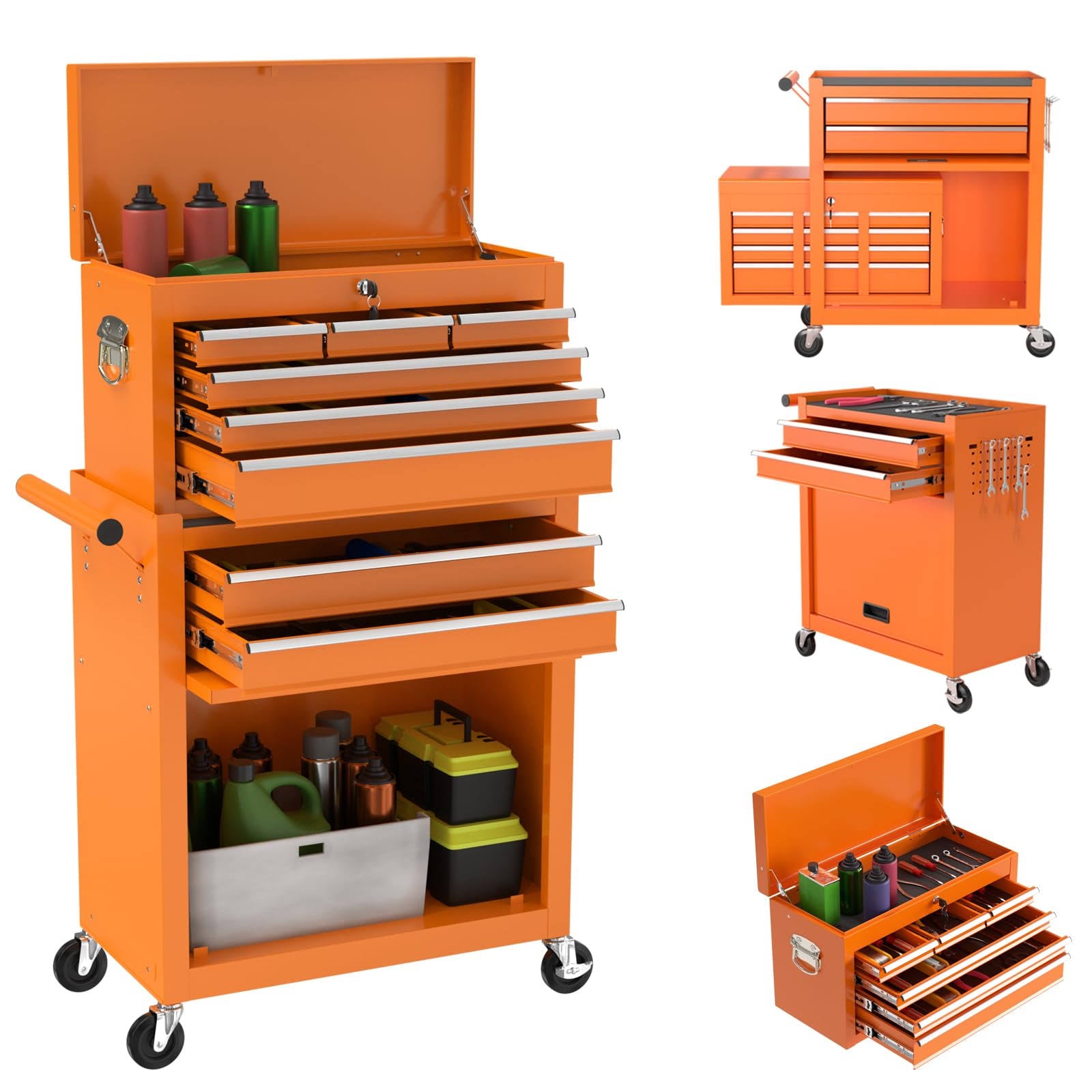 8-Drawer Rolling Tool Chest & Portable Tool Box with 2 Handles Lockable Rolling Tool Box with 4 Hooks YFZ2_U1FOM26