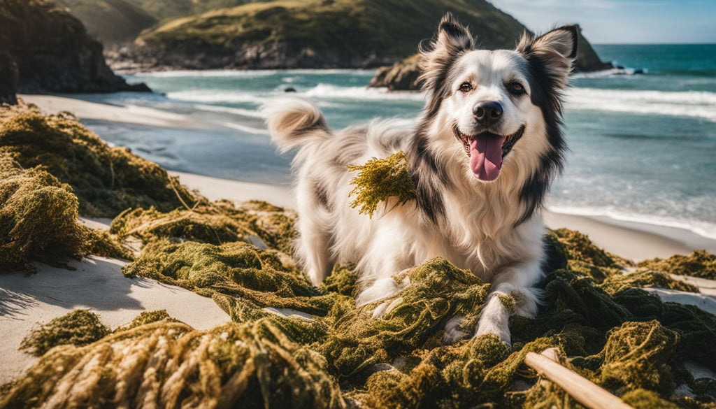 dog lying on seaweed