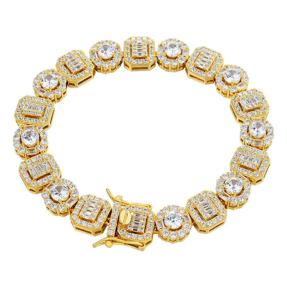 2022 Wholesale Hip Hop Jewelry 14k 18k Gold Plated Cz Diamond Iced Out Cuban Link Chain Tennis Clustered Bracelet For Men
