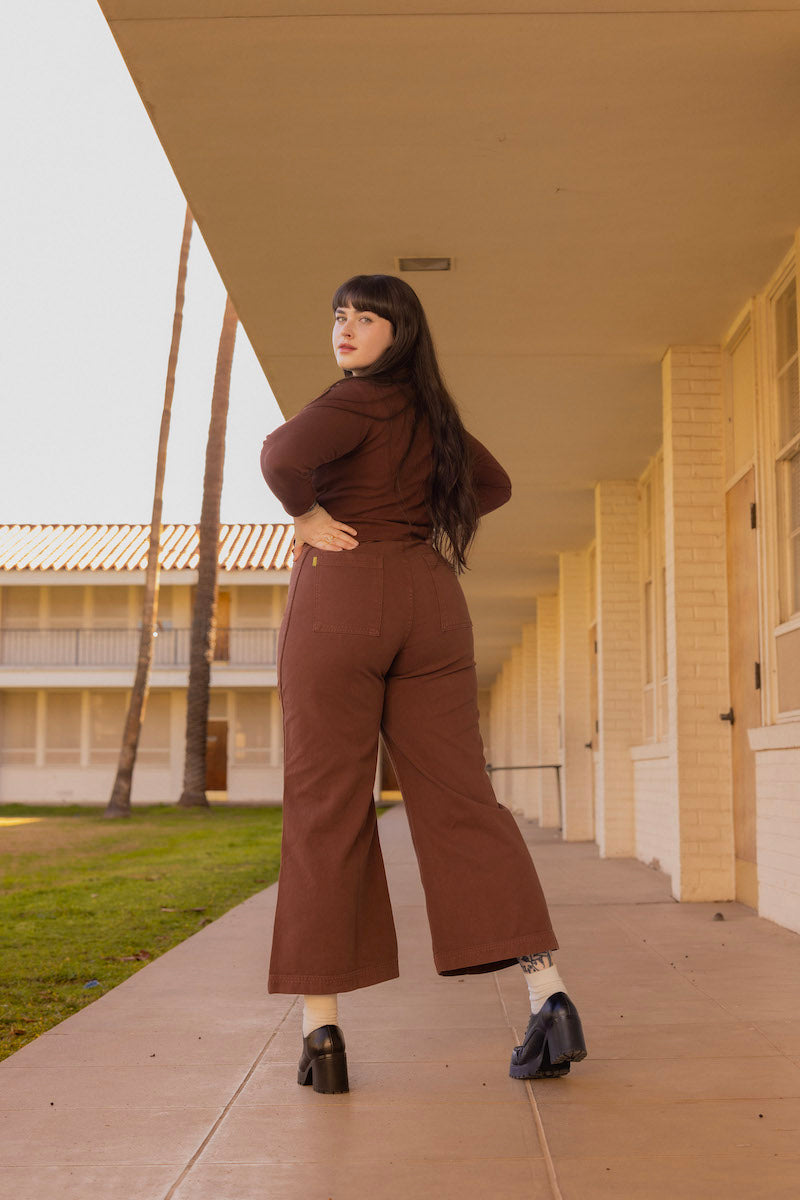 Sydney wearing Long Sleeve Fisherman Polo in Fudgesicle Brown and Bell Bottoms in Fudgesicle Brown