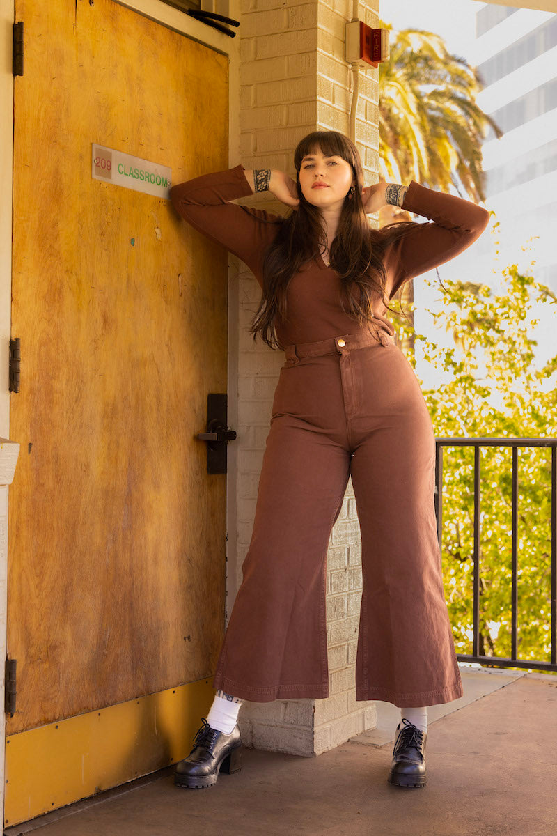 Sydney wearing Long Sleeve Fisherman Polo in Fudgesicle Brown and Bell Bottoms in Fudgesicle Brown