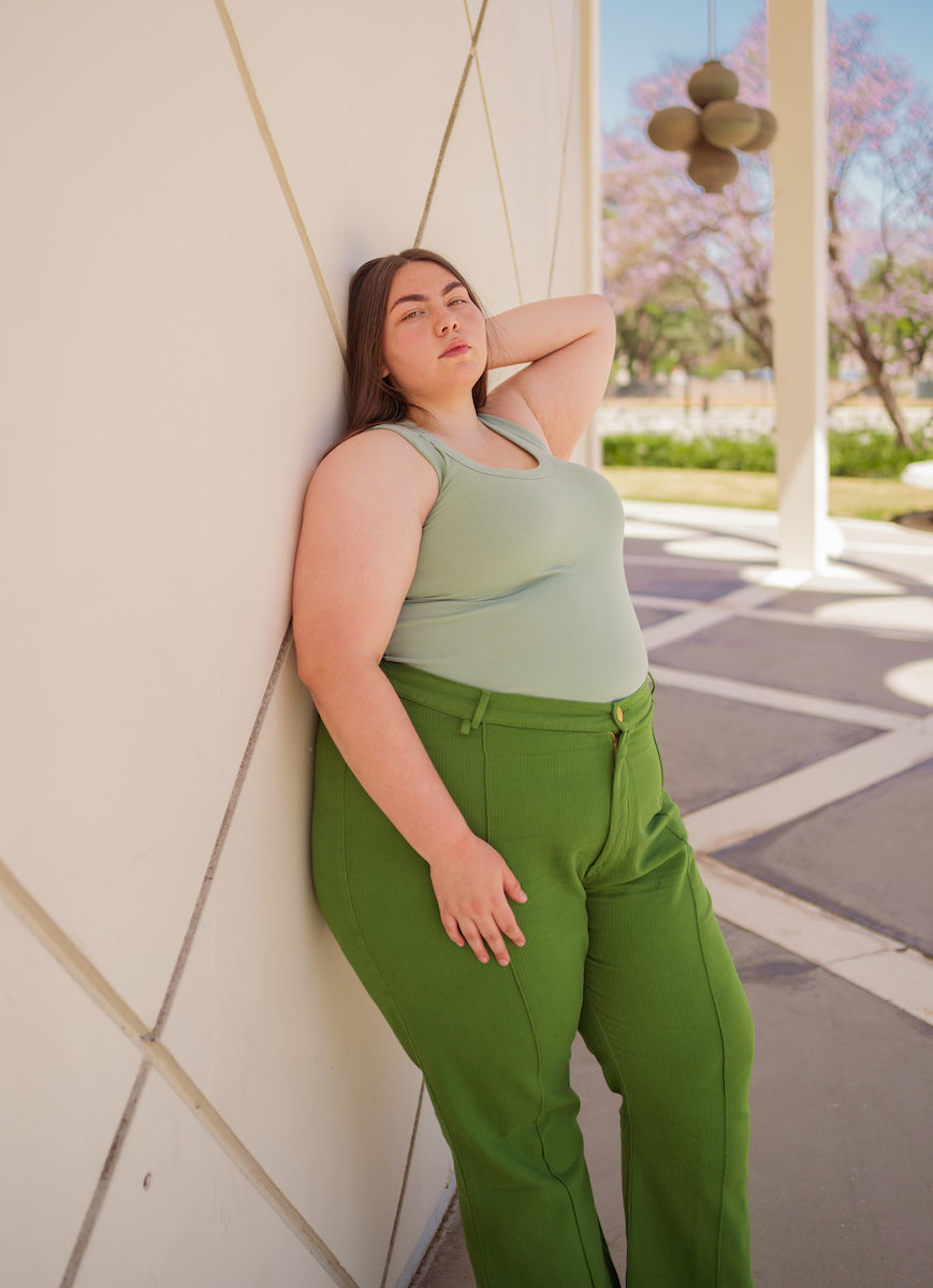 Marielena is wearing Heritage Westerns in Lawn Green and Tank Top in Sage Green