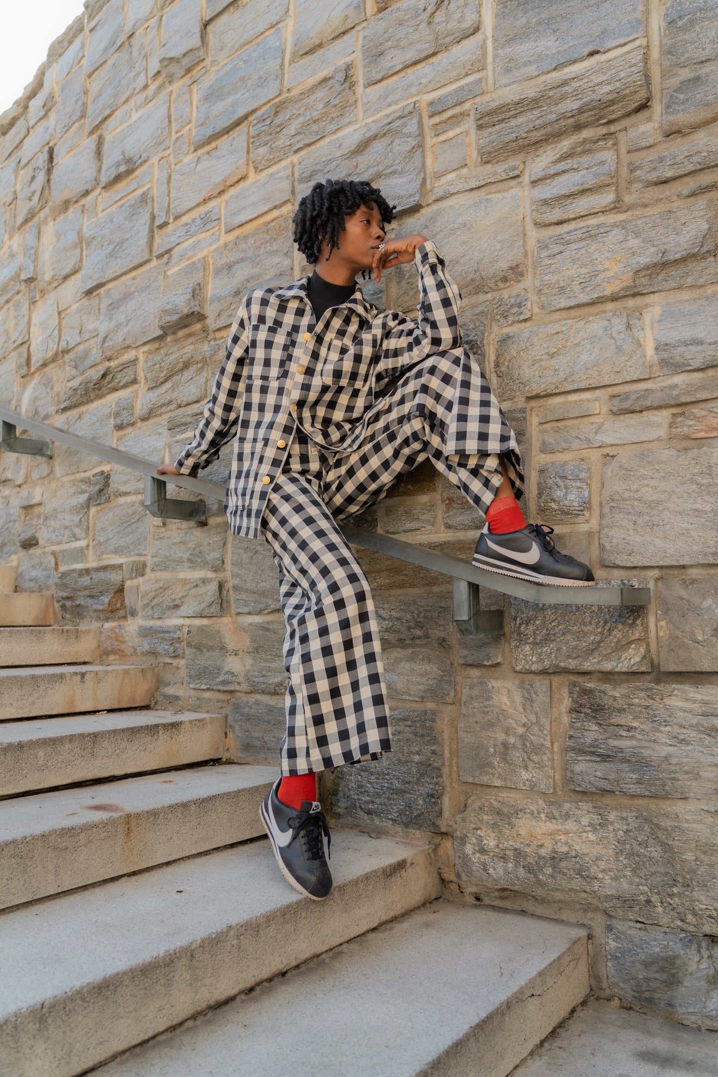 Cheyann is wearing Big Gingham Field Jacket and matching Wide Leg Trousers