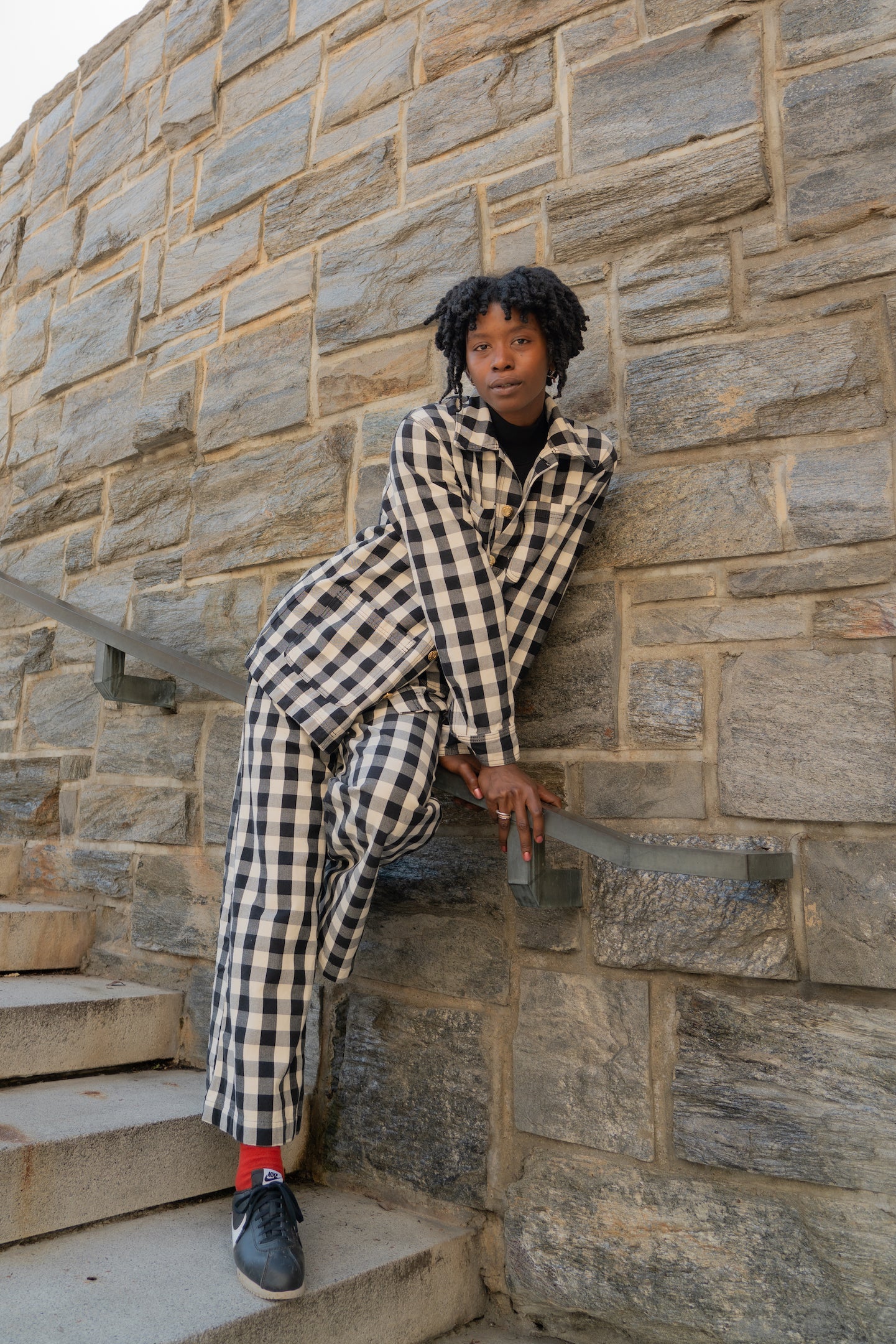 Cheyann is wearing Big Gingham Field Jacket and matching Wide Leg Trousers