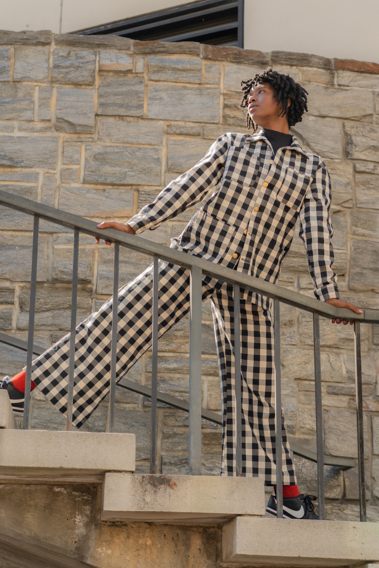 Cheyann is wearing Big Gingham Field Jacket and matching Wide Leg Trousers