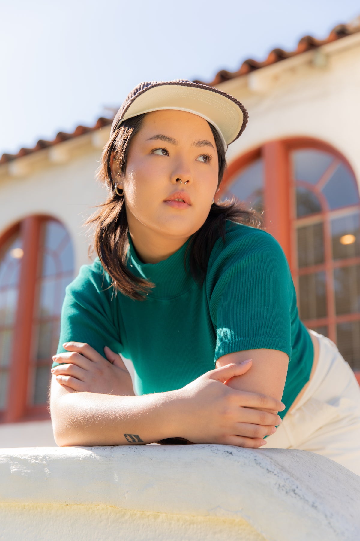 1/2 Sleeve Essential Turtleneck in Hunter Green, Work Shorts in Vintage Off-White, and Dugout Corduroy Hat in Espresso Brown