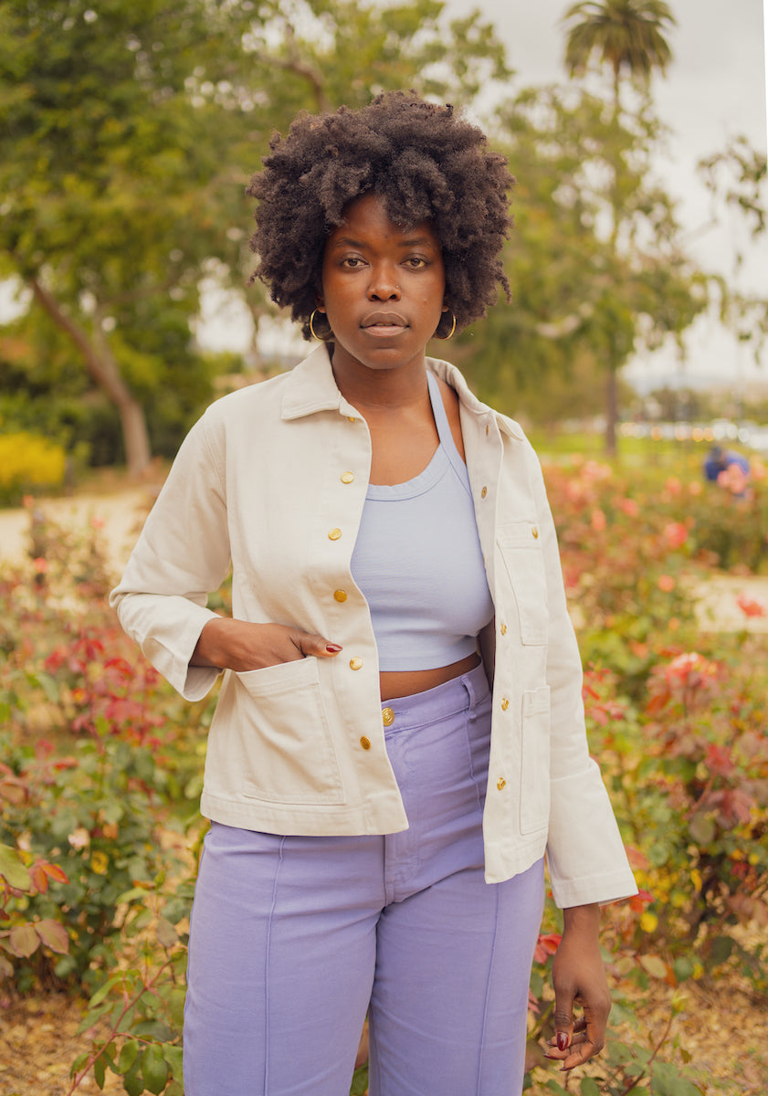 Denim Work Jacket in Dishwater White, Halter Top in Periwinkle, and Western Pants in Faded Grape