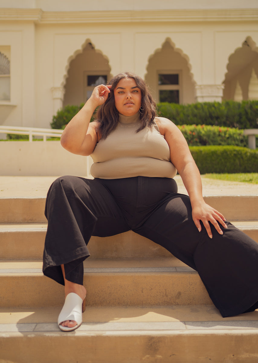 Sleeveless Essential Turtleneck in Khaki Grey and Bell Bottoms in Black