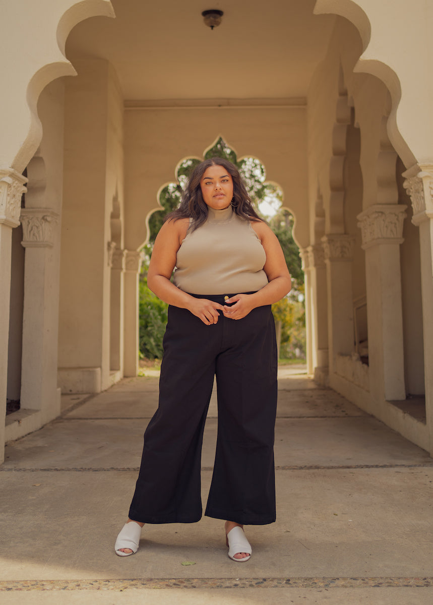 Sleeveless Essential Turtleneck in Khaki Grey and Bell Bottoms in Black