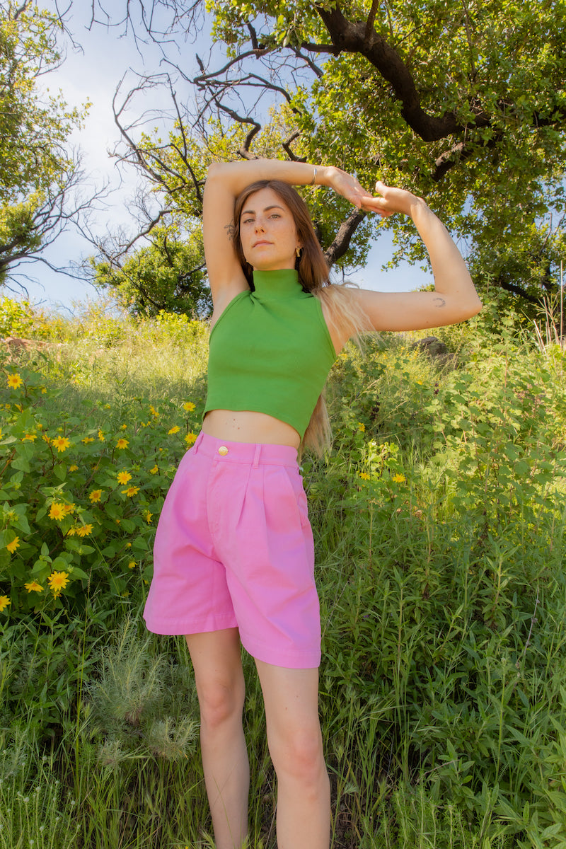 Scarlett Sleeveless Turtleneck in Bright Olive and Trouser Shorts in Bubblegum Pink