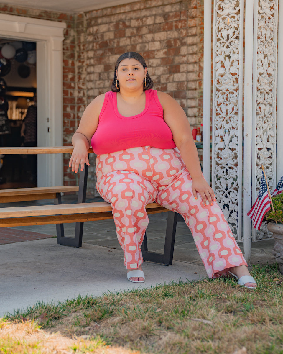 Sarita is wearing Tank Top in Hot Pink and Wester Pants in Pink Jacquard