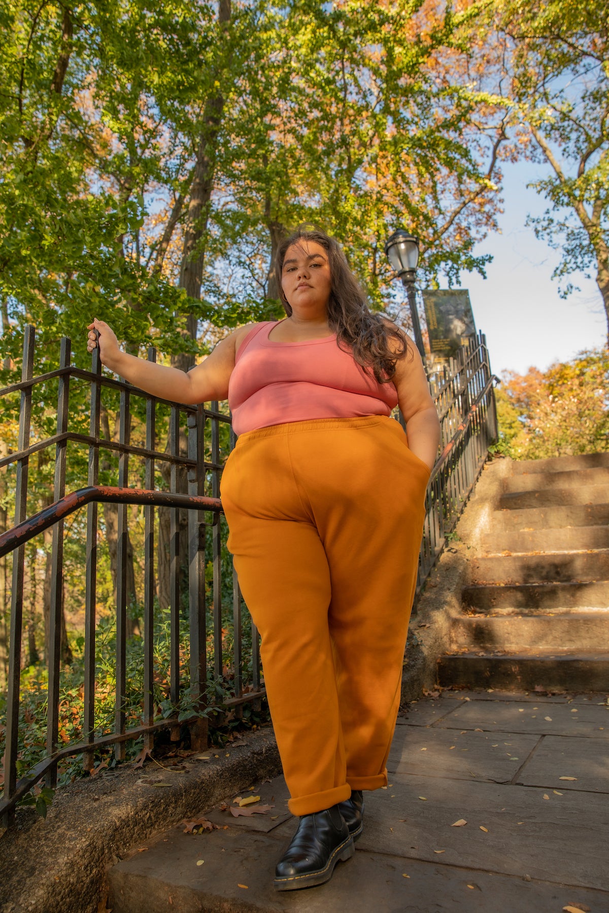 Priscilla wearing Tank Top in Raspberry Sorbet and Easy Pants in Spicy Mustard