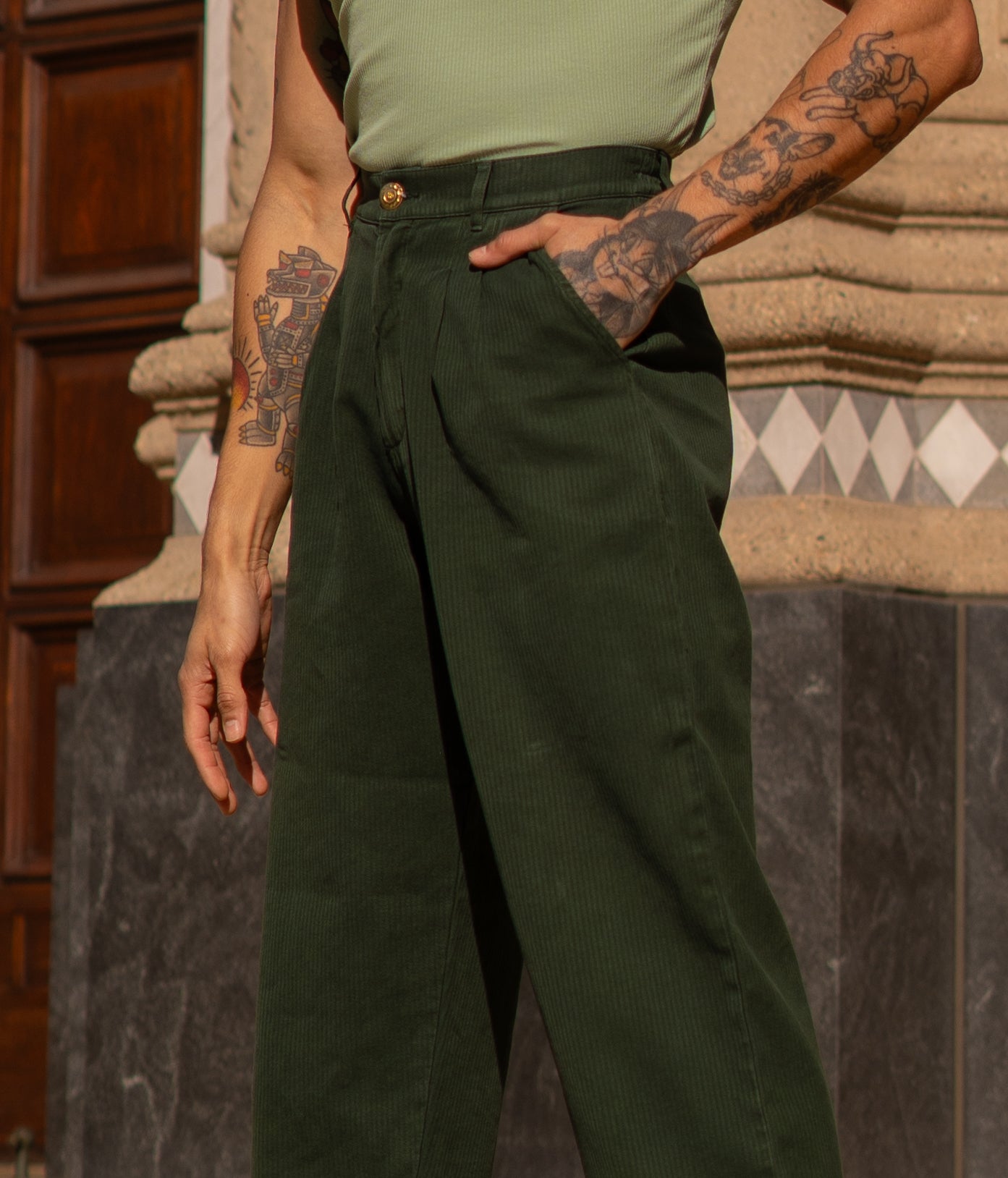 Heritage Trousers in Swamp Green and Sleeveless Essential Turtleneck in Sage Green