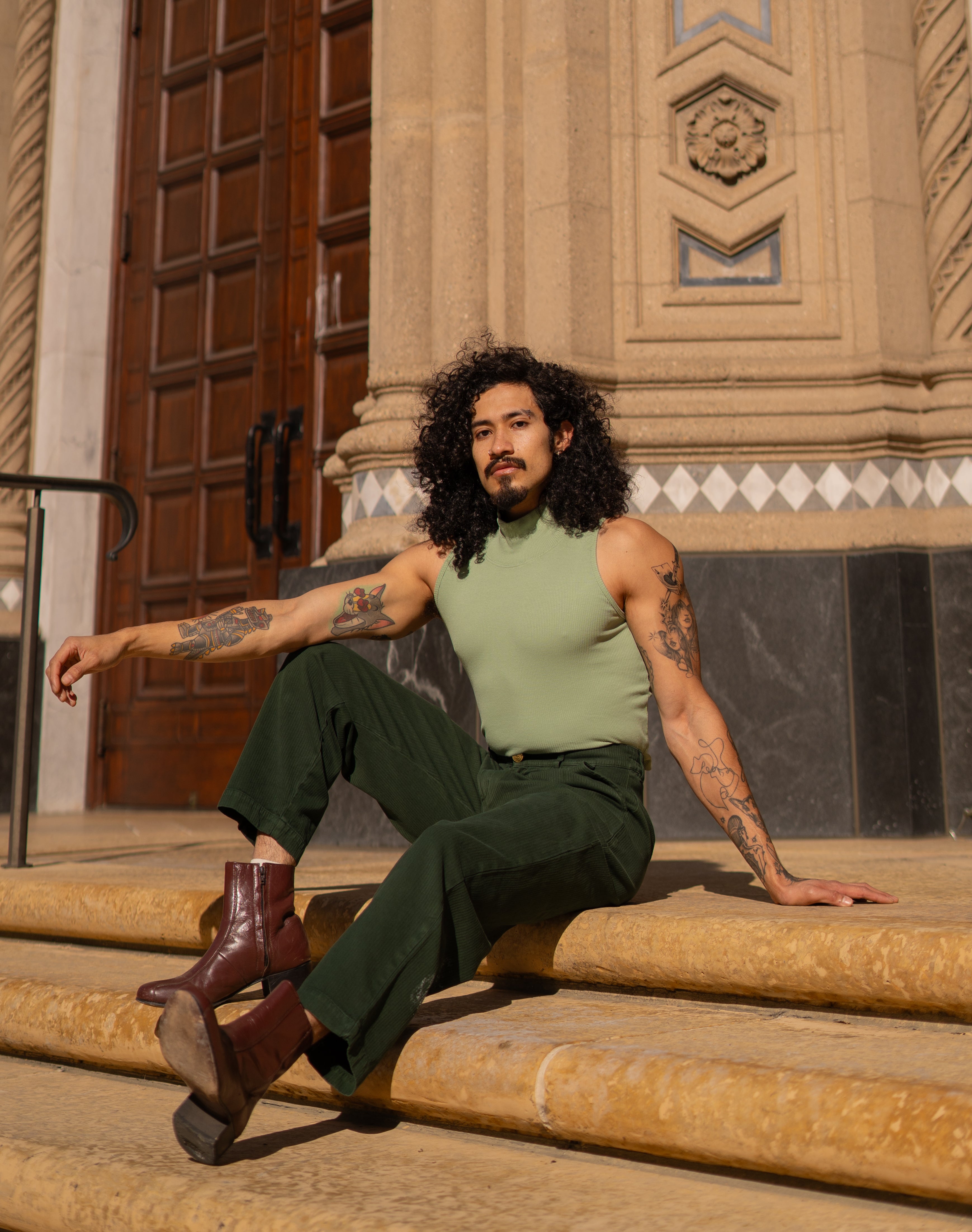 Heritage Trousers in Swamp Green and Sleeveless Essential Turtleneck in Sage Green