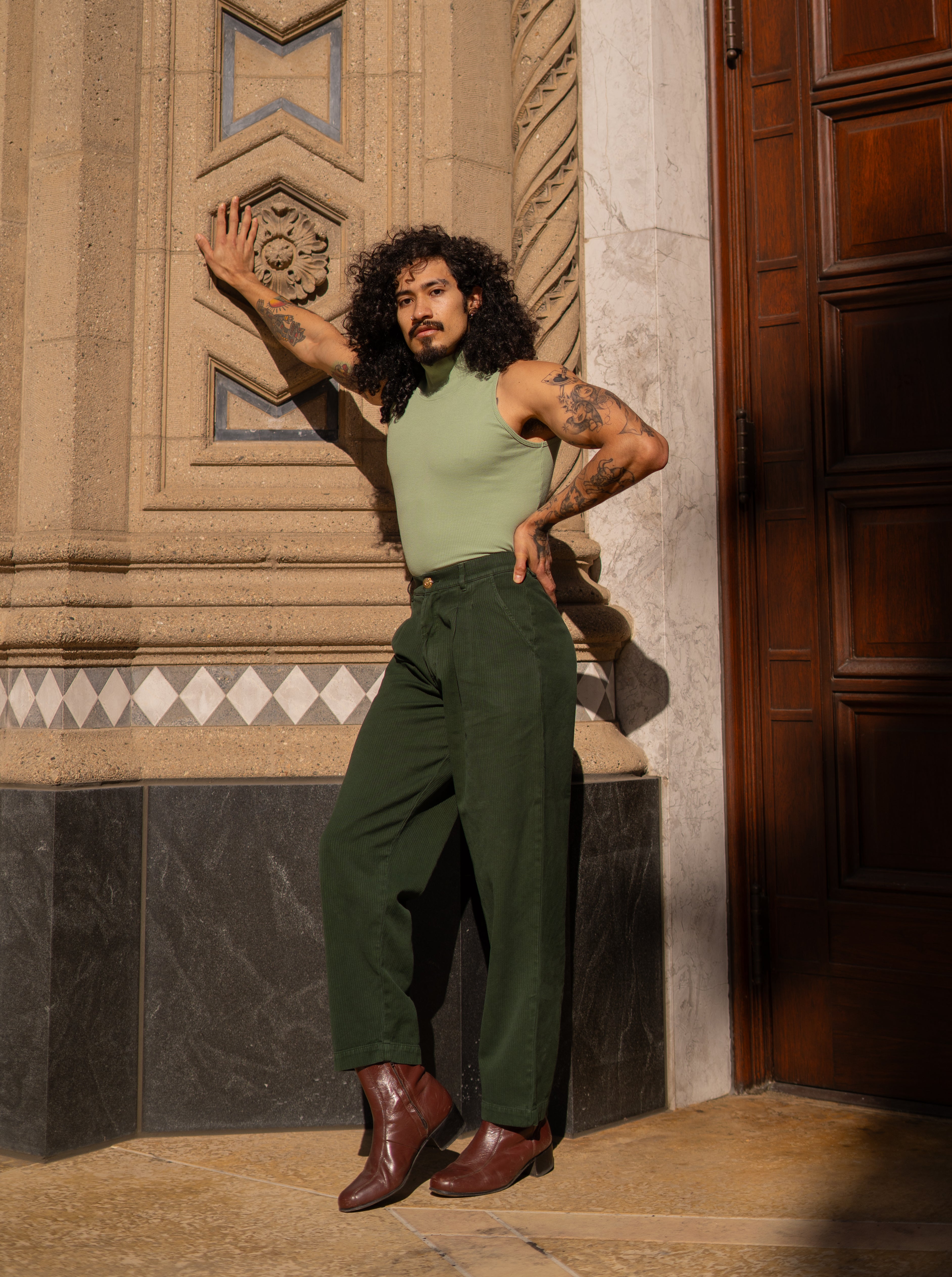 Heritage Trousers in Swamp Green and Sleeveless Essential Turtleneck in Sage Green