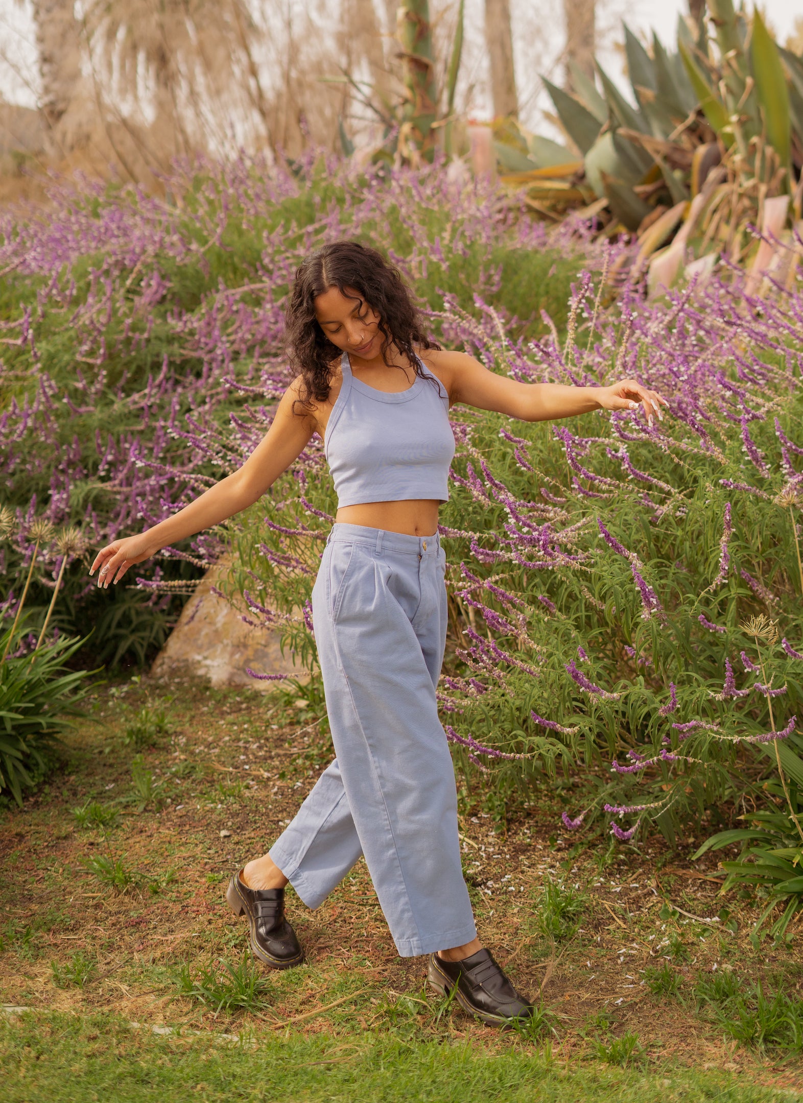 Blair is wearing Halter Top in Periwinkle and Heavyweight Trousers in Periwinkle