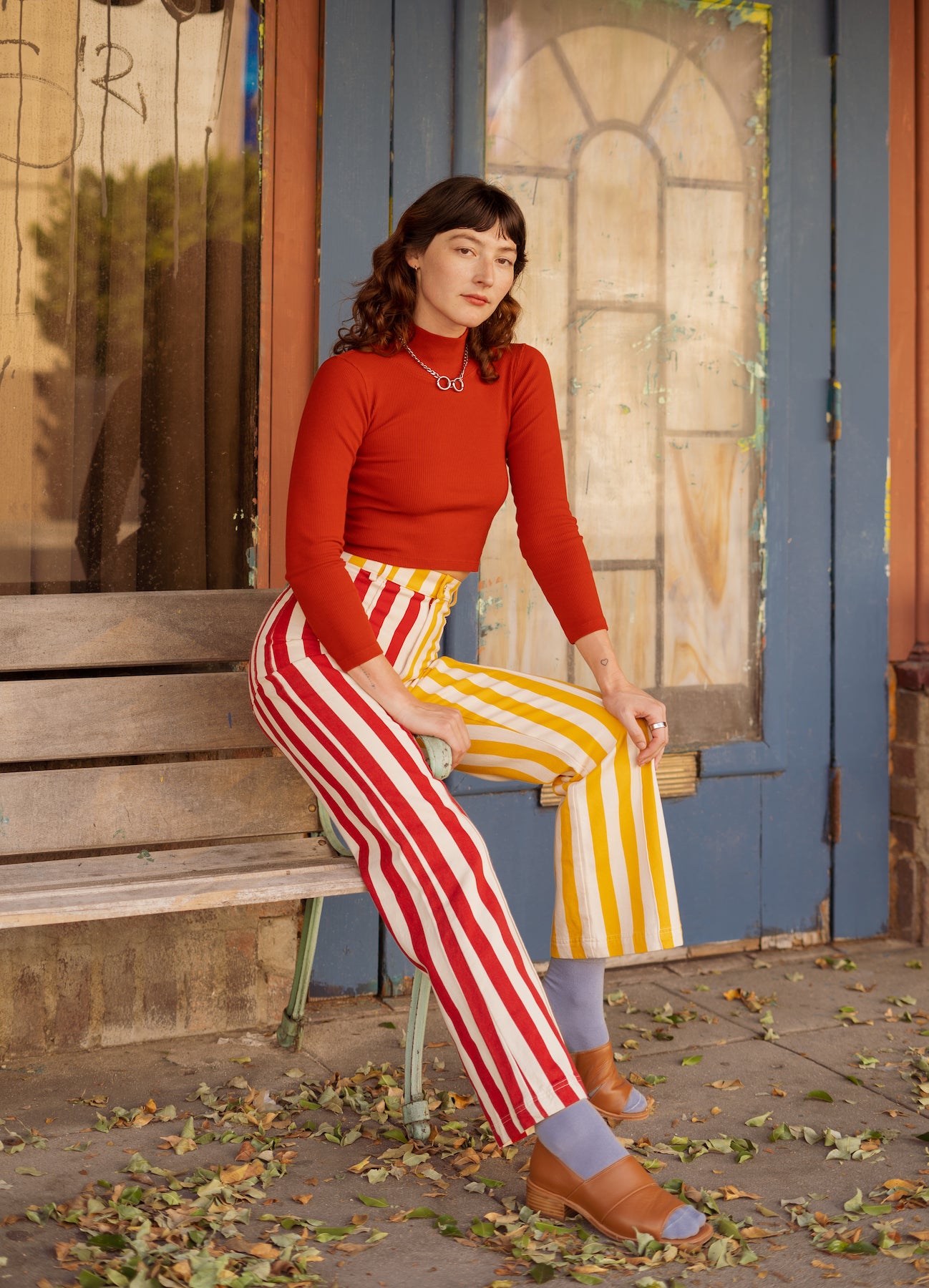 Western Pants in Ketchup/Mustard and Essential Turtleneck in Paprika