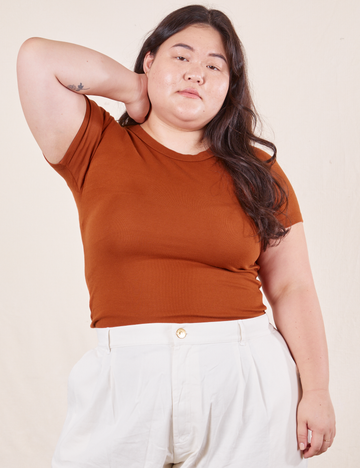 Baby Tee in Burnt Terracotta on Ashley wearing vintage off-white Trousers