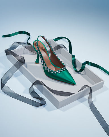 Women's Green Satin Heeled Slingback with Crystal Embellishments Malone Souliers