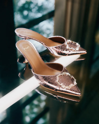 Women's Designer Classic Heeled Mules and Kitten Heel Shoes in Metallic Leather for AW23 | Malone Souliers