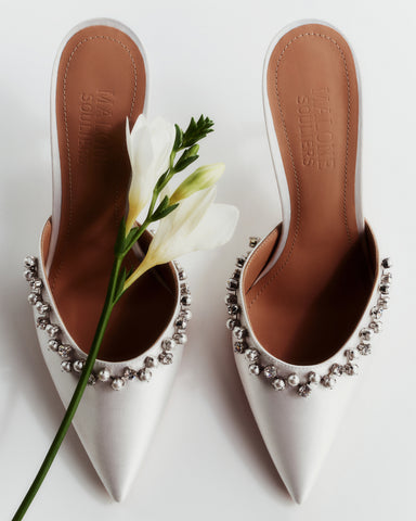 Women's luxury Bridal 70mm White Satin Curved Heel Mules with Pearl and Diamond Embellishments Malone Souliers