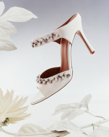 Women's luxury 90mm White Satin Bridal Heeled Sandals with crystal and pearl embellishments Malone Souliers
