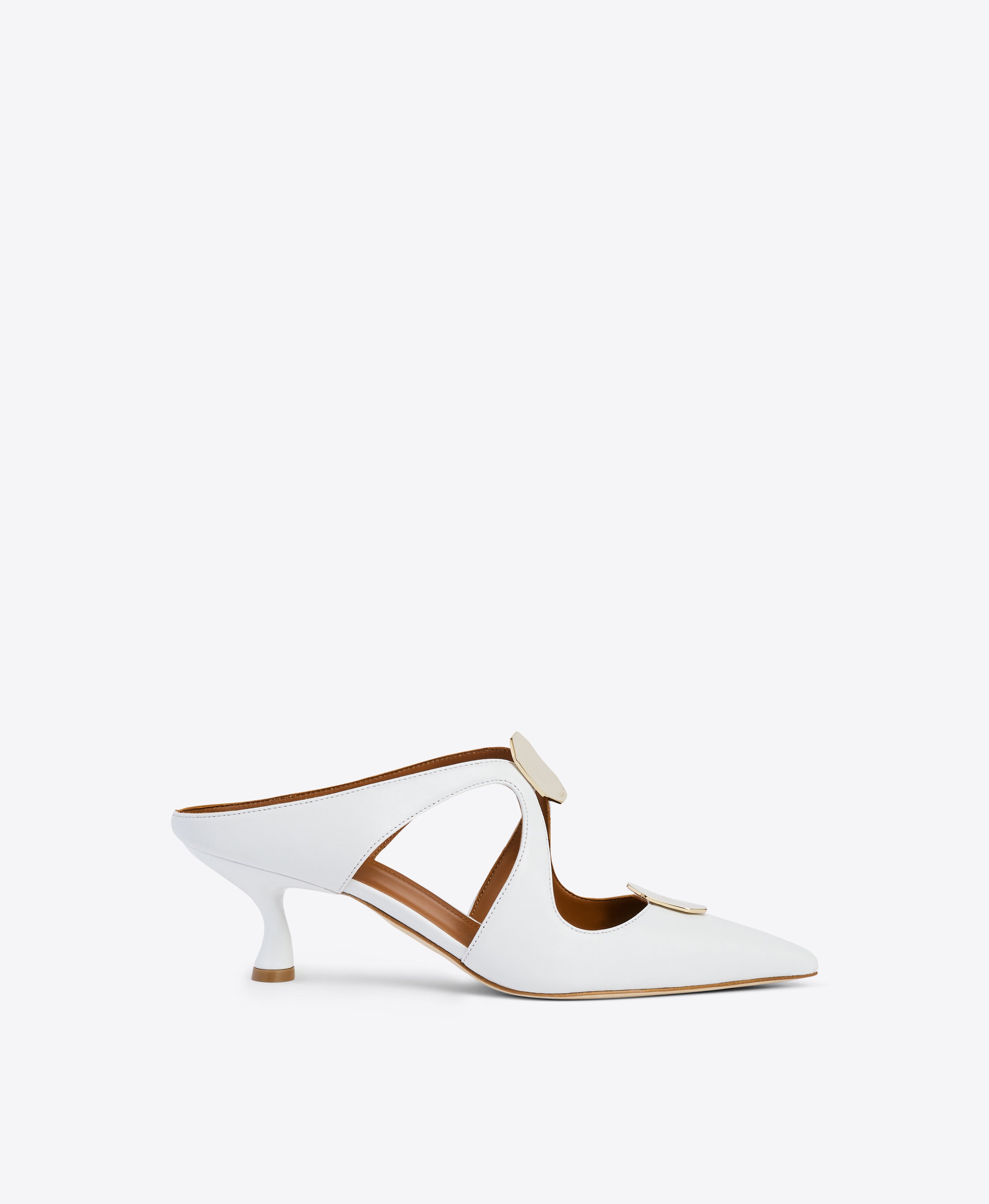 White Nappa Cut-out Mules - Pointed Toe with Ornaments on Curved Heel ...