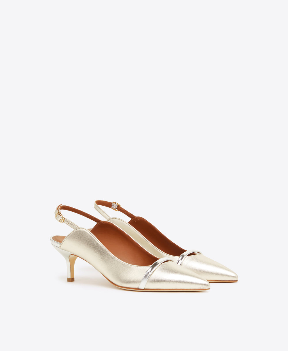 Marion 70 Platino Metallic Leather Slingback Heels | Malone Souliers