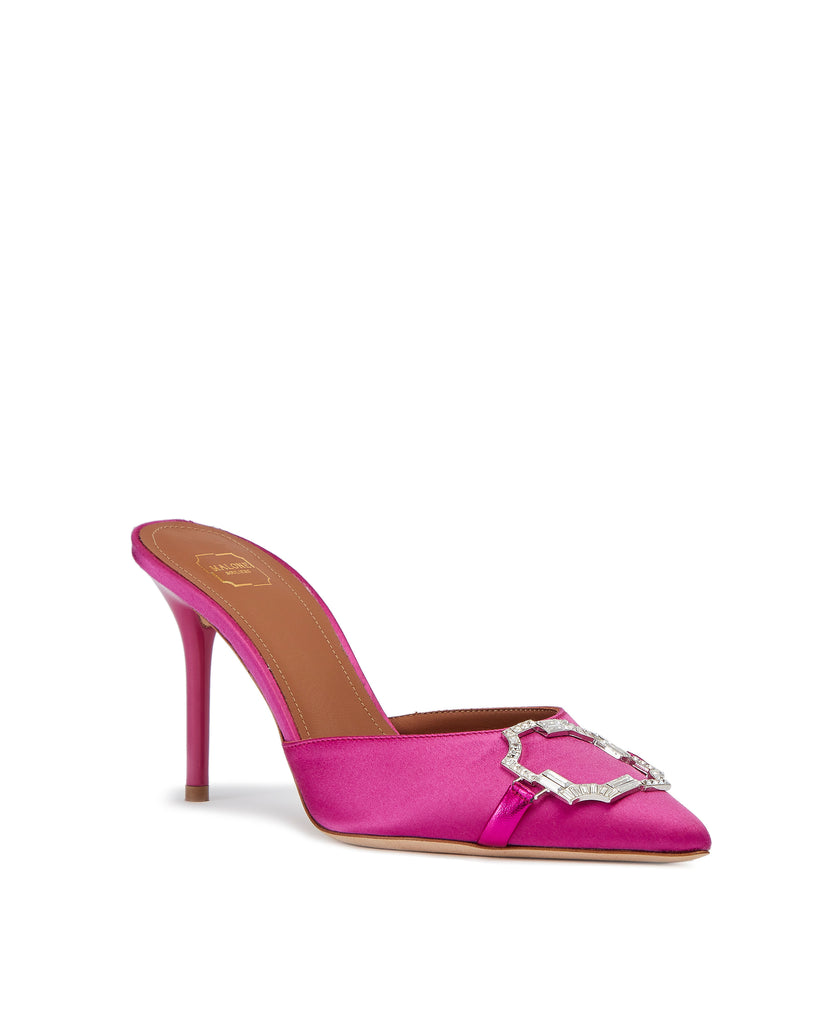 Missy 85mm Stiletto Heel Pink Satin Mules | Malone Souliers