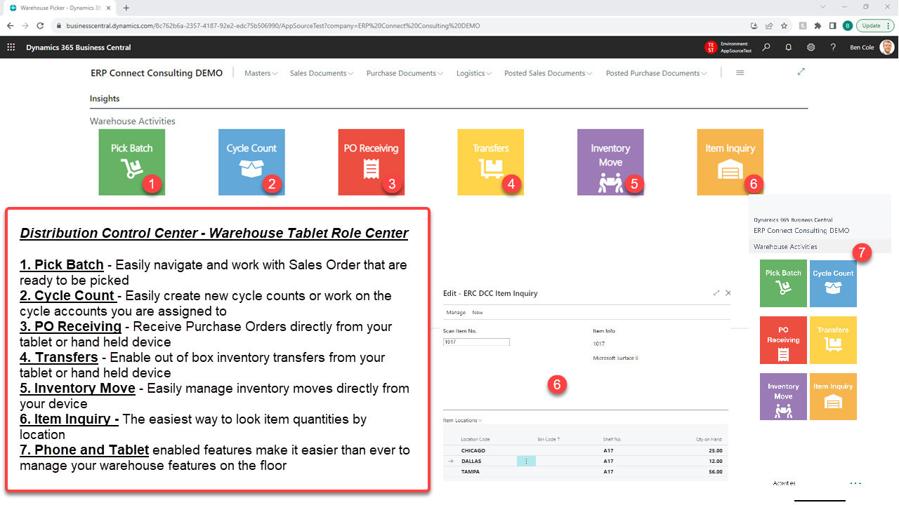 DCC Warehouse Tablet Role Center Functions