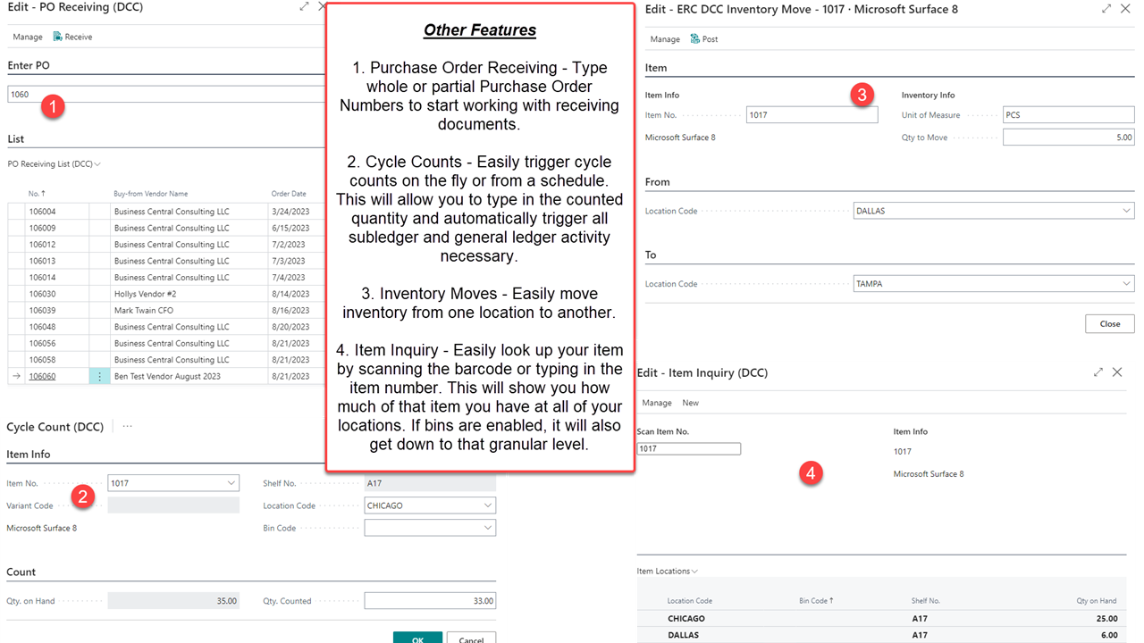 Purchase Order Receiving, Cycle Counts, Inventory Moves, and Item Inquiries