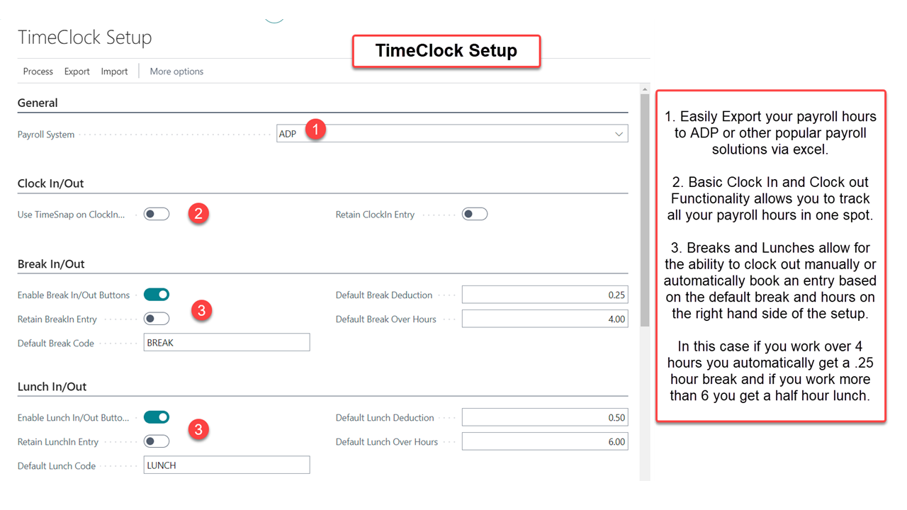 TimeClock for D365 Business Central - Screenshot of Time Clock Setup