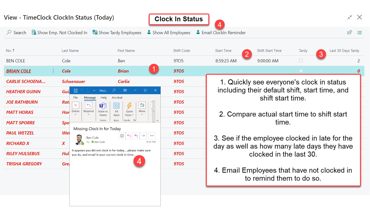 TimeClock for D365 Business Central - Screenshot of Clock In Status