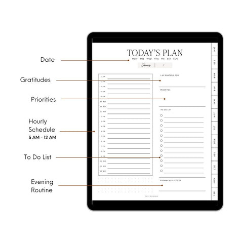 Tablet showing daily planner page.  Lines with text pointing to the tablet.