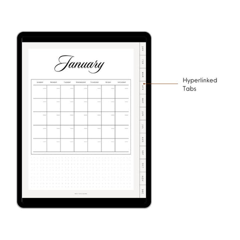Tablet showing blank monthly calendar. Line with text pointing to the tablet.