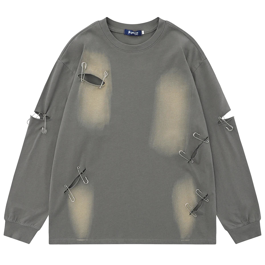 Ilooove Fashion Ripped T Shirts Distressed Oversized Hip Hop T-shirts Men Long Sleeve Harajuku Y2K Punk Tshirt Top Cotton Tee